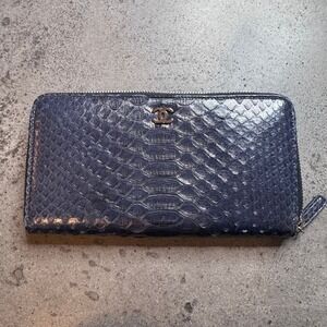 Chanel Blue Exotic Python Leather Wallet Navy Zippy Luxury Designer SHW
